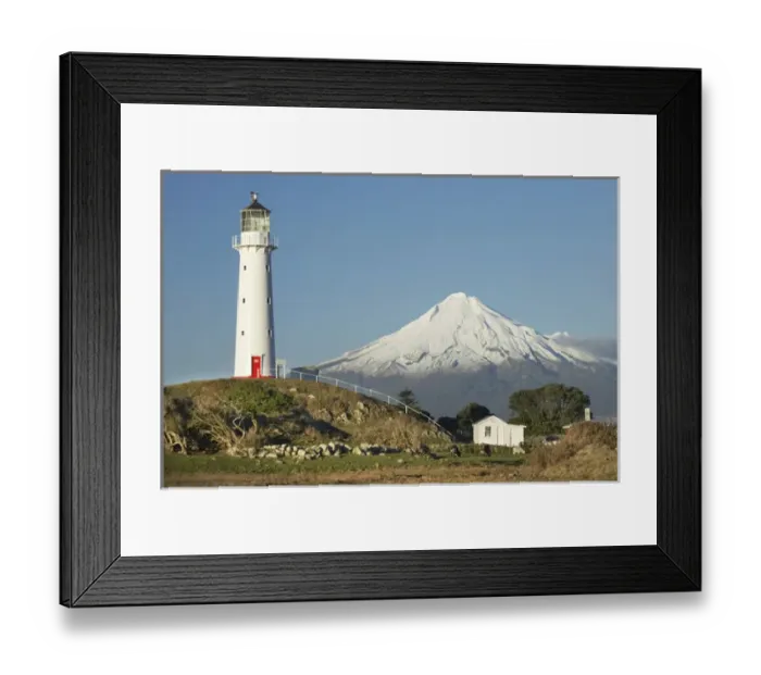 Framed Print : Cape Egmont Lighthouse and Mt Taranaki  /  Mt Egmont, Taranaki, North Island, New Zealand