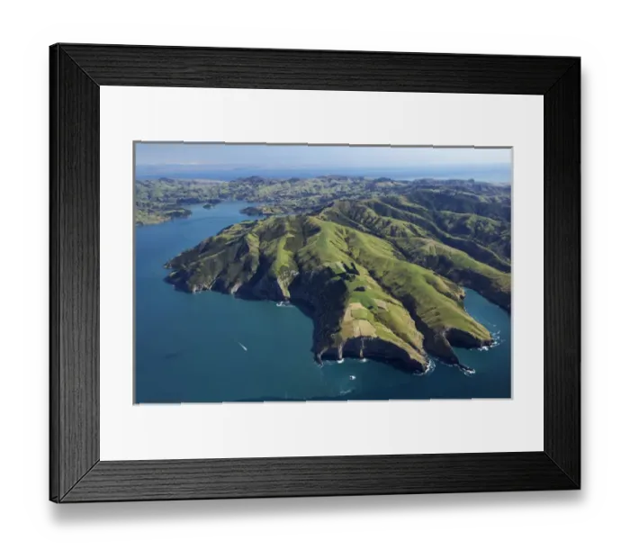 Framed Print : Akaroa Harbour (left) and Banks Peninsula, Canterbury, South Island, New Zealand- aerial