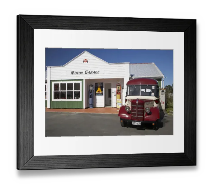 Framed Print : Vintage Bedford Bus and Service Station, Founders Heritage Park, Nelson, South Island Framed Print : Vintage Bedford Bus and Service Station, Founders Heritage Park, Nelson, South Island