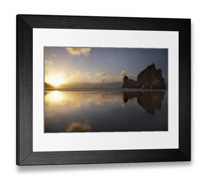 Framed Print : Archway Islands Reflected in Wet Sands of Wharariki Beach at Sunset, near Cape Farewell