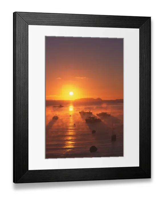 Framed Print : 01. New Zealand, Misty Sunrise and Fishing Boats, Halfmoon Bay, Stewart Island  /  Rakiura 