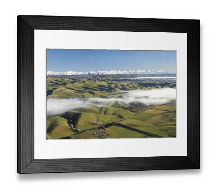 Framed Print : New Zealand, South Canterbury, Farmland and Mist, Taiko Flat, near Timaru - aerial