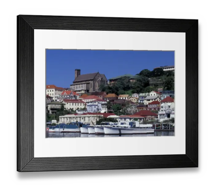 Framed Print : CARIBBEAN, Grenada, St. Georges Boats in harbor with church Framed Print : CARIBBEAN, Grenada, St. Georges Boats in harbor with church
