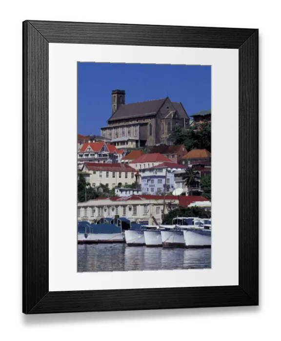 Framed Print : CARIBBEAN, Grenada, St. Georges Boats in harbor with church Framed Print : CARIBBEAN, Grenada, St. Georges Boats in harbor with church