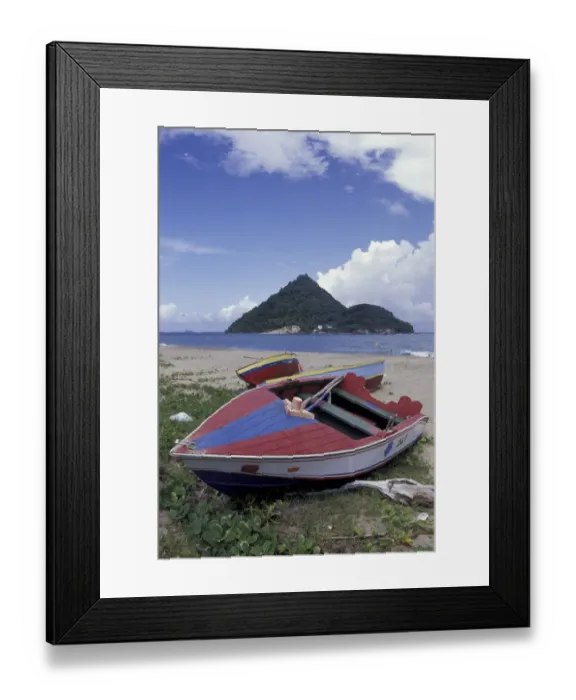 Framed Print : CARIBBEAN, Grenada Colorful fishing boats on beach