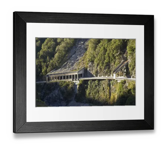 Framed Print : New Zealand, South Island, West Coast, Rockslide and Water Bridges over Arthurs Pass Road Framed Print : New Zealand, South Island, West Coast, Rockslide and Water Bridges over Arthurs Pass Road