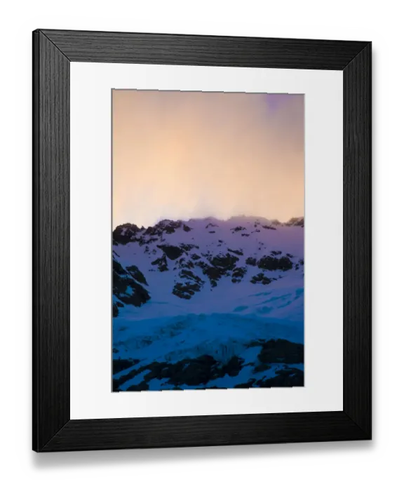 Framed Print : New Zealand, South Island, Arrowsmith Range. Sunset over Gridiron Glacier, a small Framed Print : New Zealand, South Island, Arrowsmith Range. Sunset over Gridiron Glacier, a small