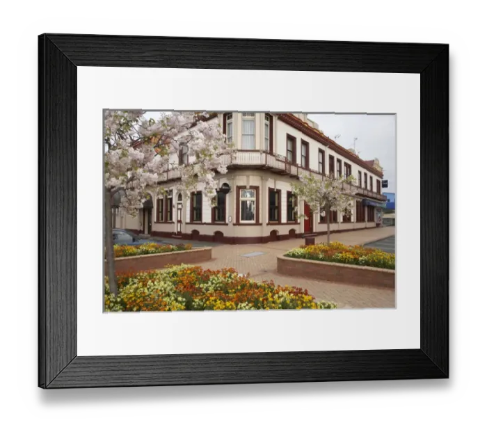 Framed Print : New Zealand, North Island, Manawatu, Fielding, Historic Fielding Hotel, and Spring Flowers Framed Print : New Zealand, North Island, Manawatu, Fielding, Historic Fielding Hotel, and Spring Flowers