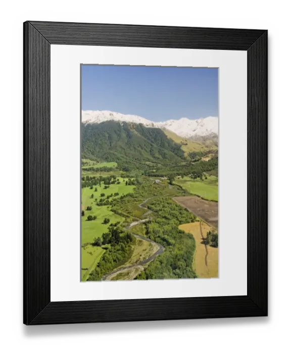 Framed Print : New Zealand, South Island, Methven. Aerial view of farming landscape by Methven and the Mt