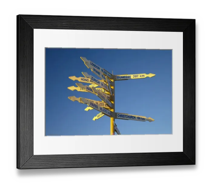 Framed Print : New Zealand, South Island, West Coast, Distance and Direction Sign, Cape Foulwind Framed Print : New Zealand, South Island, West Coast, Distance and Direction Sign, Cape Foulwind