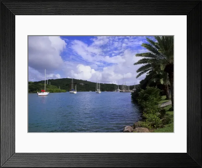 Framed Print : Beautiful port with ships and ocean in colorful English Harbour in Antigua Framed Print : Beautiful port with ships and ocean in colorful English Harbour in Antigua