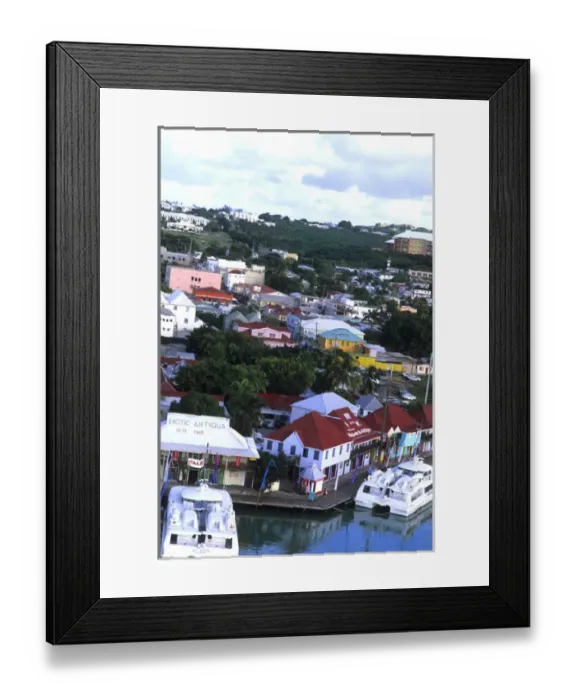 Framed Print : Aerial view of colorful downtown shopping area from cruise ships at beautiful port Framed Print : Aerial view of colorful downtown shopping area from cruise ships at beautiful port