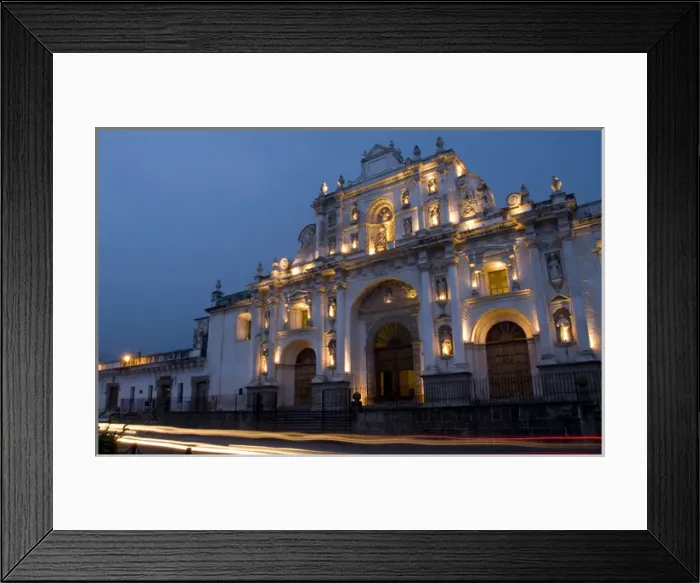 Framed Print : Night photo with traffic in front of famous Cathedral in square of Antigua Guatemala