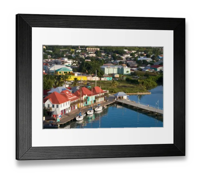 Framed Print : A pier leads to the city of St. Johns, capital of Antigua in the British Leeward