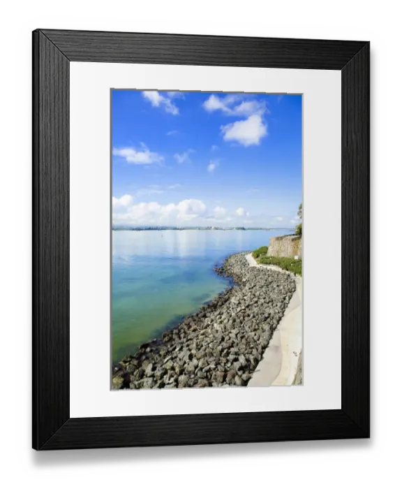 Framed Print : San Juan, Puerto Rico - A sidewalk passes above a rocky beach of calm water. Vertical Framed Print : San Juan, Puerto Rico - A sidewalk passes above a rocky beach of calm water. Vertical