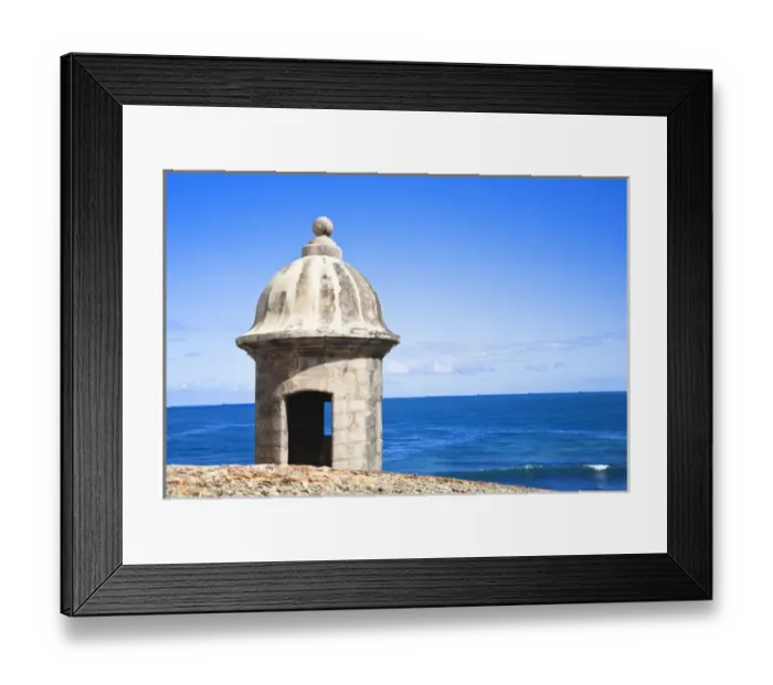 Framed Print : San Juan, Puerto Rico - An old stone watchtower looks out over the ocean. Horizontal shot Framed Print : San Juan, Puerto Rico - An old stone watchtower looks out over the ocean. Horizontal shot
