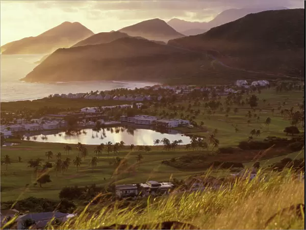 Caribbean, St. Kitts. North Frigate Bay golf course and hotels at sunrise