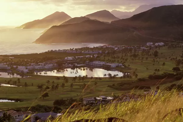 Caribbean, St. Kitts. North Frigate Bay golf course and hotels at sunrise