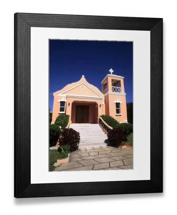Framed Print : Famous colorful pastel architecture of First Nazarene Church in Bermuda Framed Print : Famous colorful pastel architecture of First Nazarene Church in Bermuda
