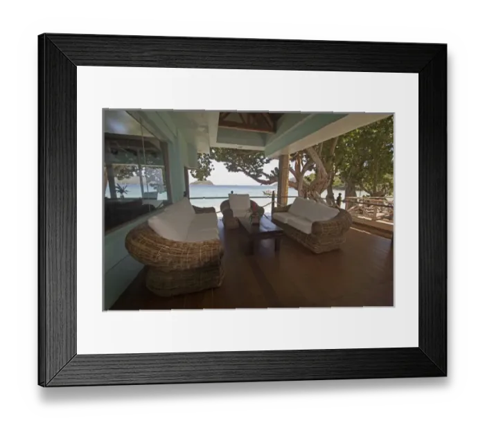 Framed Print : Caribbean - Tobago - Lounge area at Blue Waters Inn near Speyside Framed Print : Caribbean - Tobago - Lounge area at Blue Waters Inn near Speyside