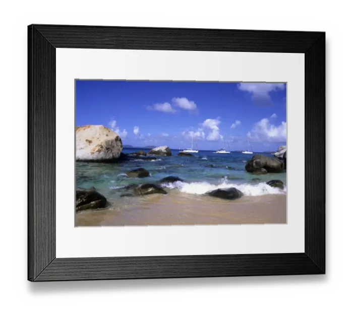 Framed Print : Beautiful rock formation boulder rocks with snorklers in ocean at The Baths of Virgin Framed Print : Beautiful rock formation boulder rocks with snorklers in ocean at The Baths of Virgin