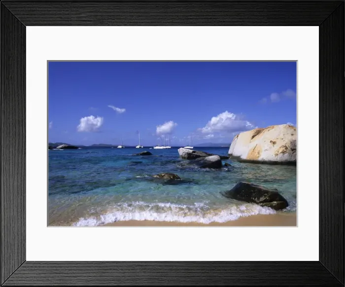 Framed Print : Beautiful rock formation boulder rocks with blue water ocean at The Baths of Virgin Framed Print : Beautiful rock formation boulder rocks with blue water ocean at The Baths of Virgin