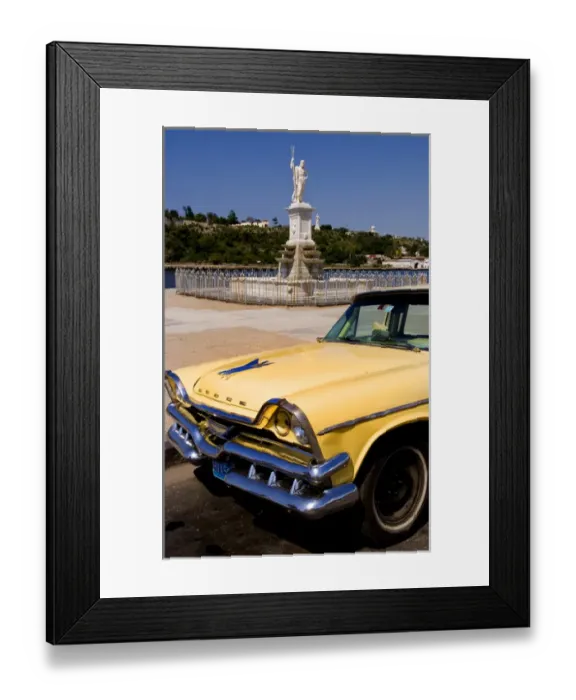Framed Print : Classic Dodge 50s auto in front of river and statues with Christ statue on hill in Framed Print : Classic Dodge 50s auto in front of river and statues with Christ statue on hill in