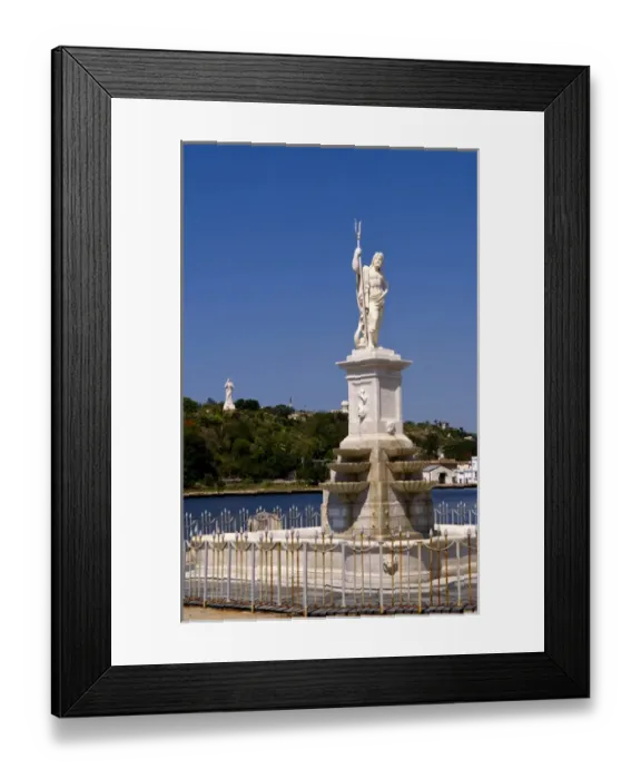 Framed Print : River and statues with Christ statue on hill in background in Havana Cuba Habana