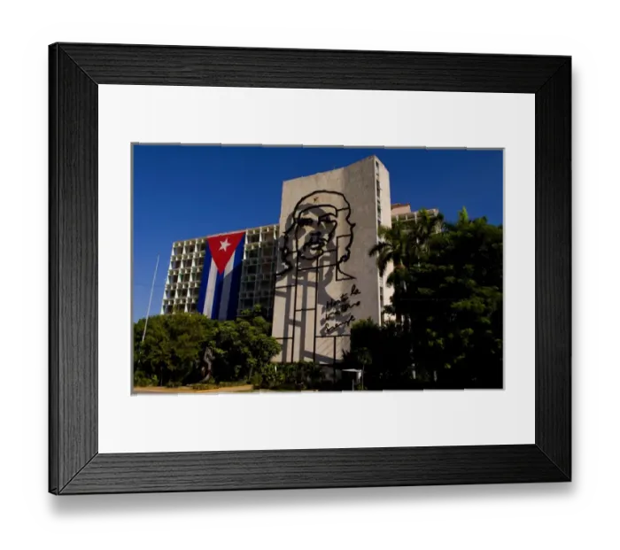 Framed Print : Revolution Square in Havana Cuba with large neon artwork of Che on wall and Cuban flag