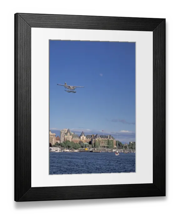 Framed Print : NA, Canada, BC, Victoria Harbor, Harbor Air float plane makes final approach Framed Print : NA, Canada, BC, Victoria Harbor, Harbor Air float plane makes final approach