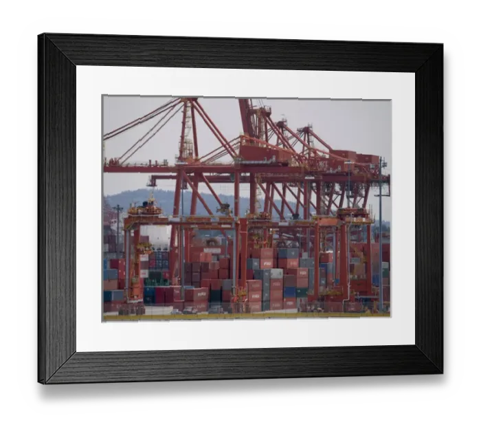 Framed Print : Vancouver, Canada. Container ship dock with crane sin the main port Framed Print : Vancouver, Canada. Container ship dock with crane sin the main port