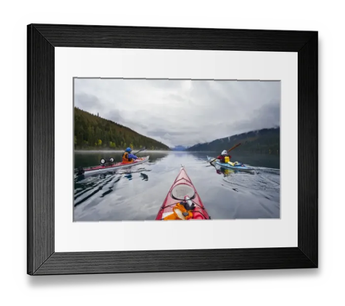Framed Print : Canada, British Columbia, Bowron Lakes Provincial Park. Sea kayakers on 24-mile long Isaac Lake