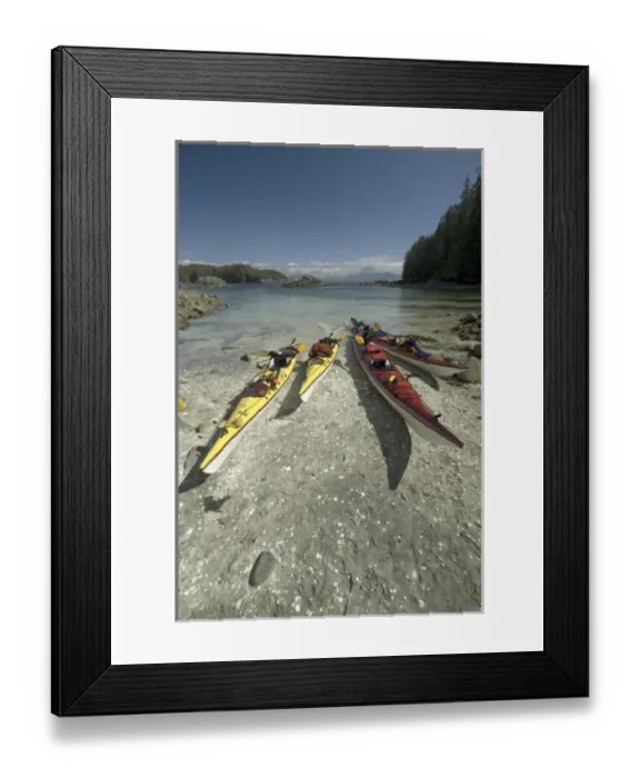Framed Print : Kayaks on Dicebox Island, Broken Island Group, Pacific Rim National Park Preserve Framed Print : Kayaks on Dicebox Island, Broken Island Group, Pacific Rim National Park Preserve