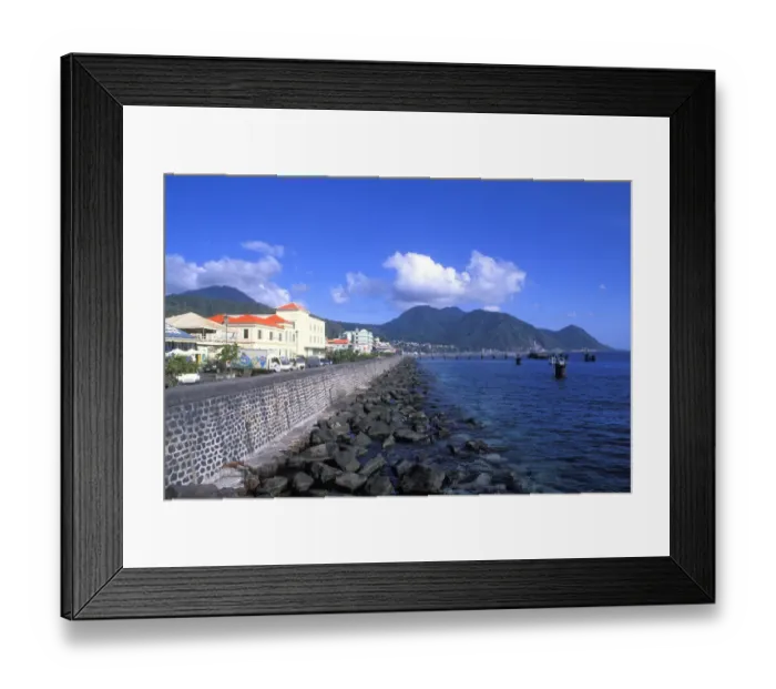 Framed Print : Bay front with ocean and mountains Capital City of Roseau in Dominica