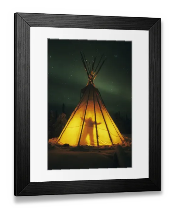 Framed Print : Blachford Lake, Great Slave Lake area, near Yellowknife, man in teepee at night with Framed Print : Blachford Lake, Great Slave Lake area, near Yellowknife, man in teepee at night with