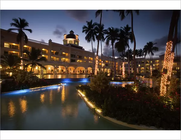 Dominican Republic, Punta Cana Region, Bavaro, Iberostar Grand Hotel, Pool View, evening
