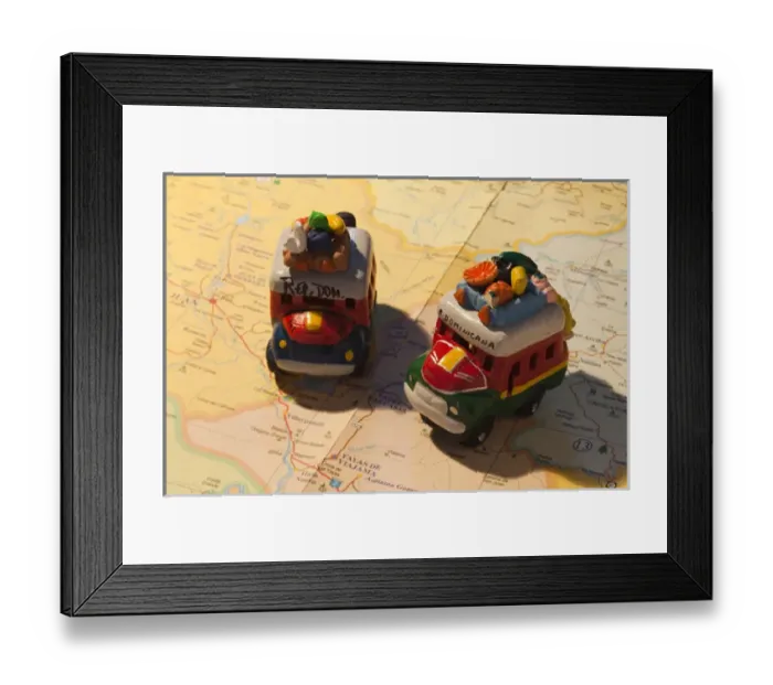 Framed Print : Dominican Republic, Punta Cana Region, Bavaro, toy busses on Dominican map