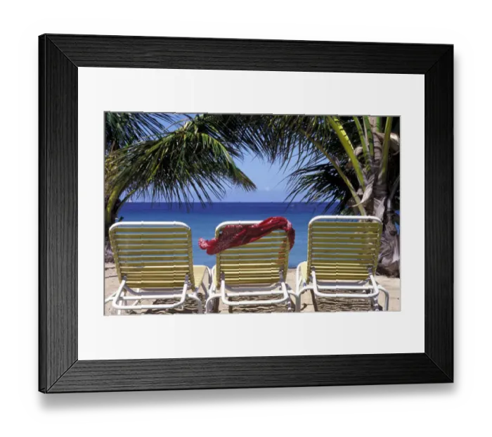 Framed Print : Caribbean, Grenada, Tamarind Bay. Three beach chairs Framed Print : Caribbean, Grenada, Tamarind Bay. Three beach chairs