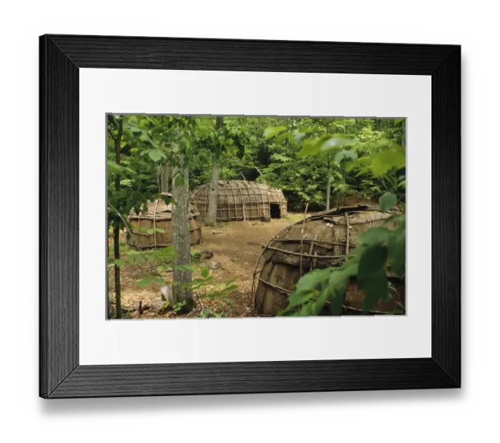 Framed Print : Algonquin Indian village traditionally was made of bark covered dwellings such as wigwams