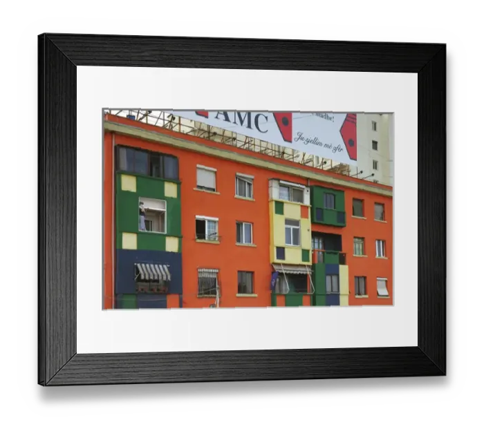 Framed Print : Albania, Tirane, the towns facades coulored by the mayor Edi Rama Framed Print : Albania, Tirane, the towns facades coulored by the mayor Edi Rama