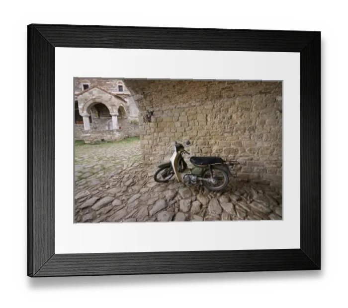 Framed Print : Albania, Fier, Ardenica monastery scooter Framed Print : Albania, Fier, Ardenica monastery scooter
