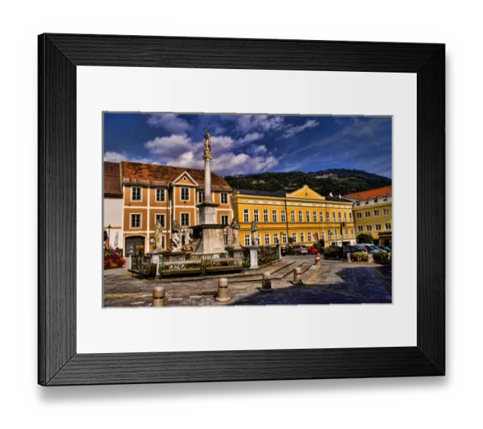 Framed Print : Beautiful main square of Schillerplatz Austria with statue and colorful buildings Framed Print : Beautiful main square of Schillerplatz Austria with statue and colorful buildings