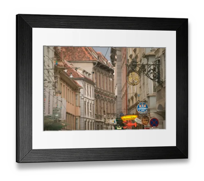 Framed Print : AUSTRIA-STYRIA (Stiermark)- GRAZ: Sackstrasse- Street Signs  /  Evening