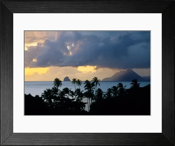 Framed Print : The sun sets behind Diamond Rock viewed from the island of Martinique in the Caribbean Framed Print : The sun sets behind Diamond Rock viewed from the island of Martinique in the Caribbean