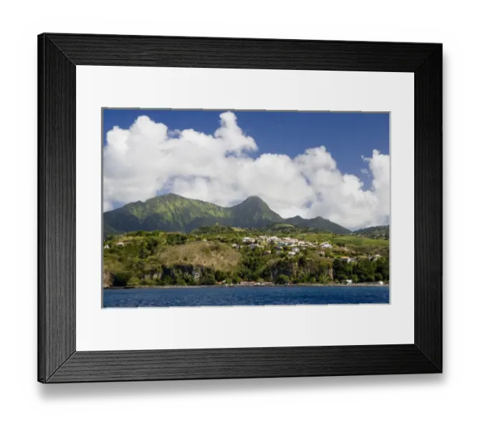 Framed Print : MARTINIQUE. French Antilles. West Indies. Pitons du Carbet rise above town of Le Carbet Framed Print : MARTINIQUE. French Antilles. West Indies. Pitons du Carbet rise above town of Le Carbet