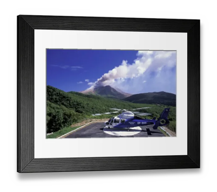 Framed Print : Caribbean, Montserrat, Soufriere Hills. Active volcano and island helicopter
