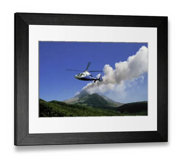 Framed Print : Caribbean, Montserrat, Soufriere Hills. Active volcano and island helicopter Framed Print : Caribbean, Montserrat, Soufriere Hills. Active volcano and island helicopter