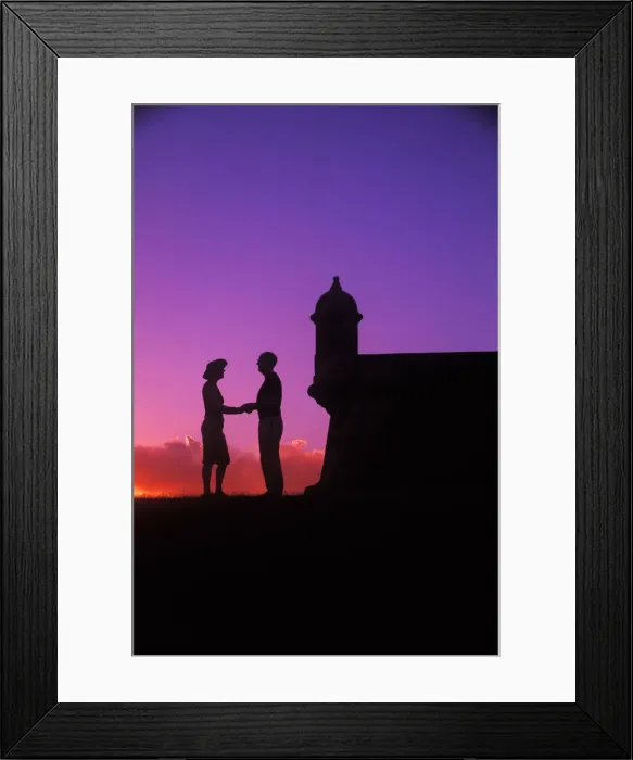 Framed Print : Graphic colorful sunset couple at El Morro Fort in Old San Juan, Puerto Rico