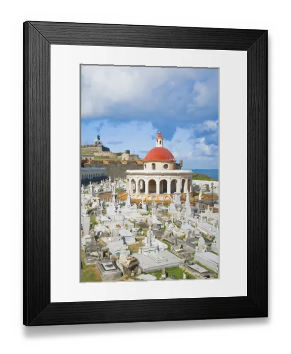 Framed Print : San Juan, Puerto Rico - An orange dome tops a building in a cemetery. In the background