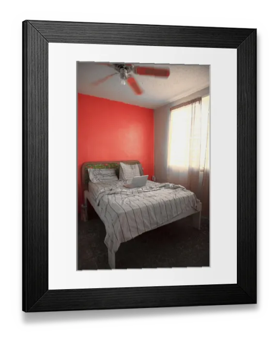 Framed Print : Vieques, Puerto Rico - A laptop is sitting in the middle of an unmade hotel bed Framed Print : Vieques, Puerto Rico - A laptop is sitting in the middle of an unmade hotel bed